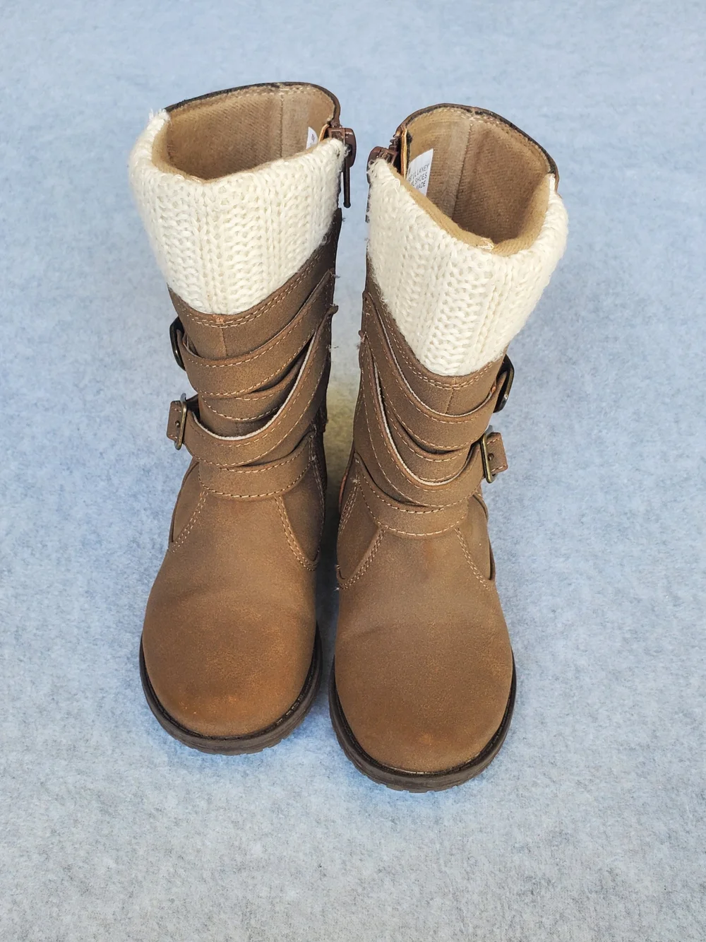 Rachel Shoes Brown Kids Boots with Cream Knit Cuff and Buckle Straps